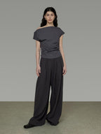 unspoken Asymmetric Neck Pleated Minimal Slim Fit Office Women Polyester Basic Crop Tops