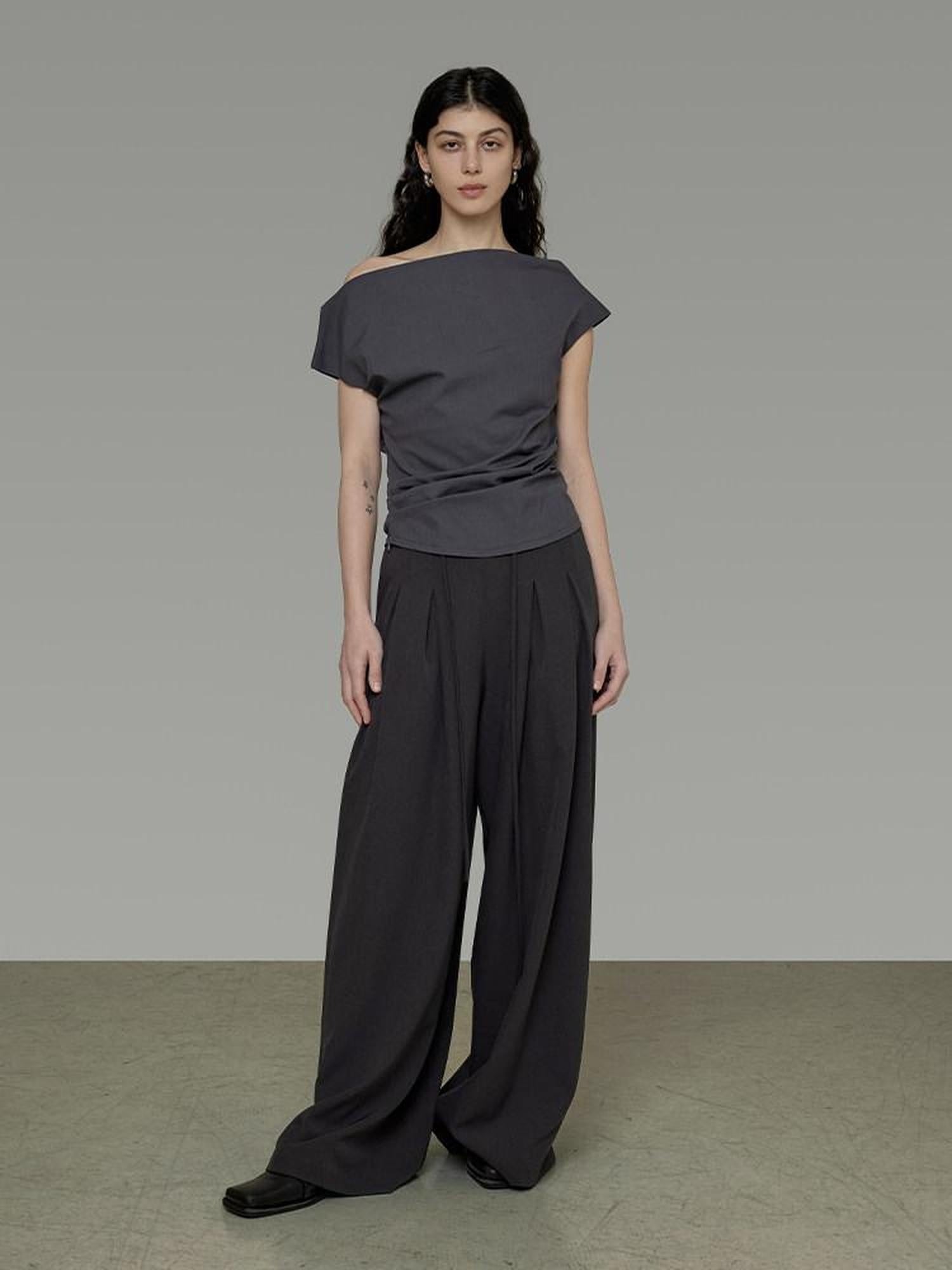 unspoken Asymmetric Neck Pleated Minimal Slim Fit Office Women Polyester Basic Crop Tops