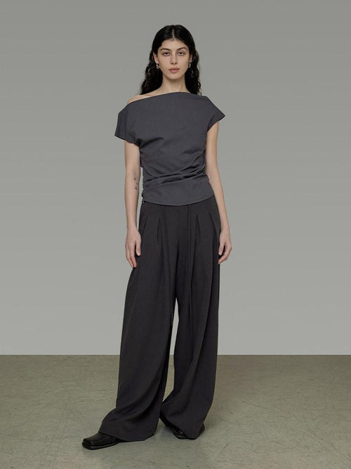unspoken Asymmetric Neck Pleated Minimal Slim Fit Office Women Polyester Basic Crop Tops