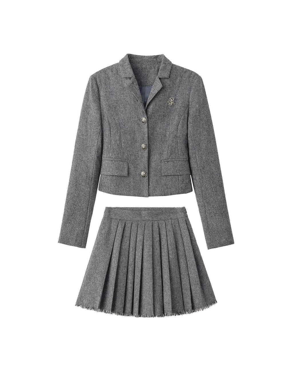 ikyou Tassel Button Slim Fit Square Neck Long Sleeve Work Gray Brown Top & Skirt Sets