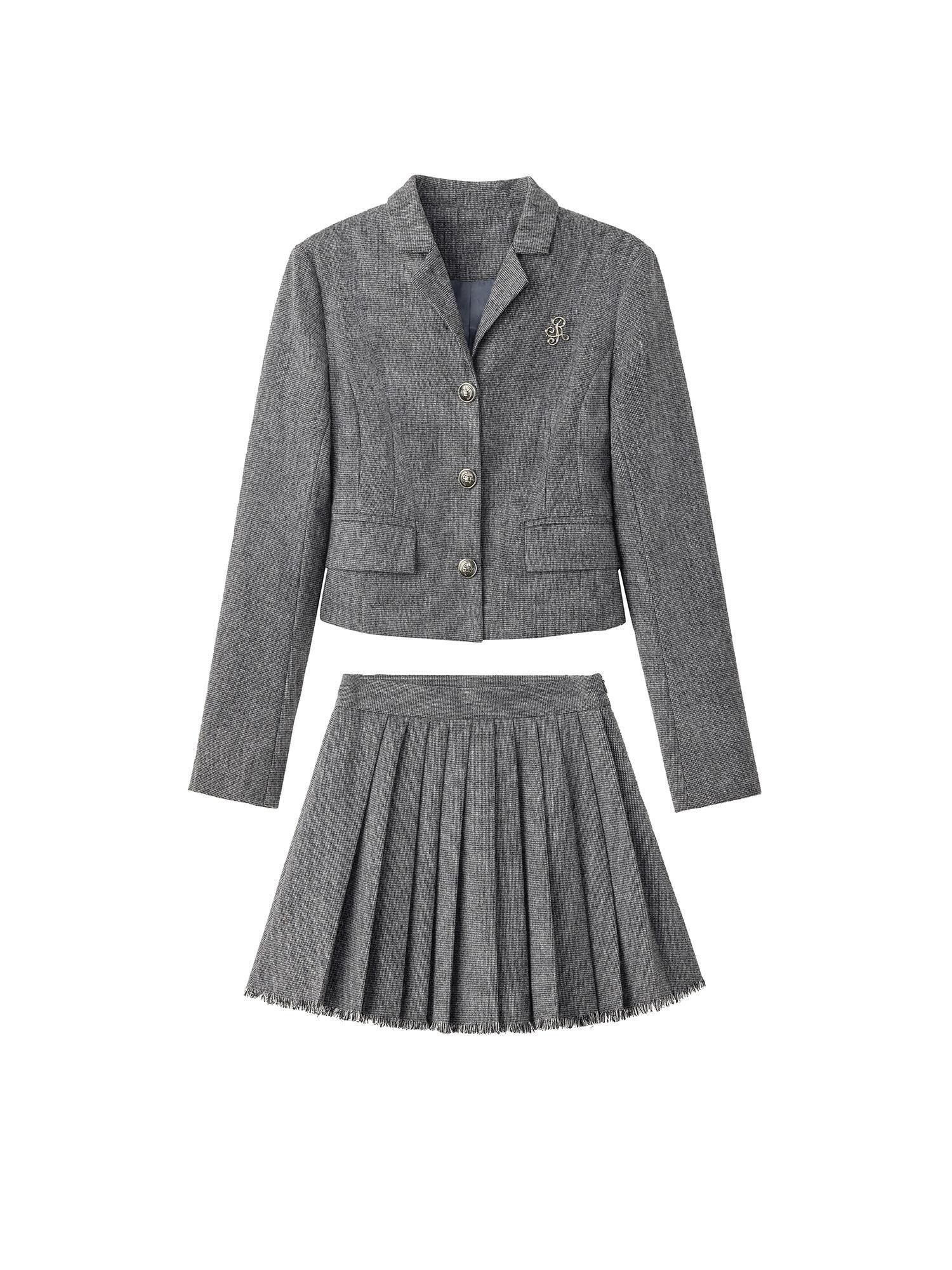 ikyou Tassel Button Slim Fit Square Neck Long Sleeve Work Gray Brown Top & Skirt Sets