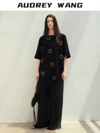 Rhinestone Asymmetric Loose Commuter Cotton Black Women Short Sleeve T-Shirts