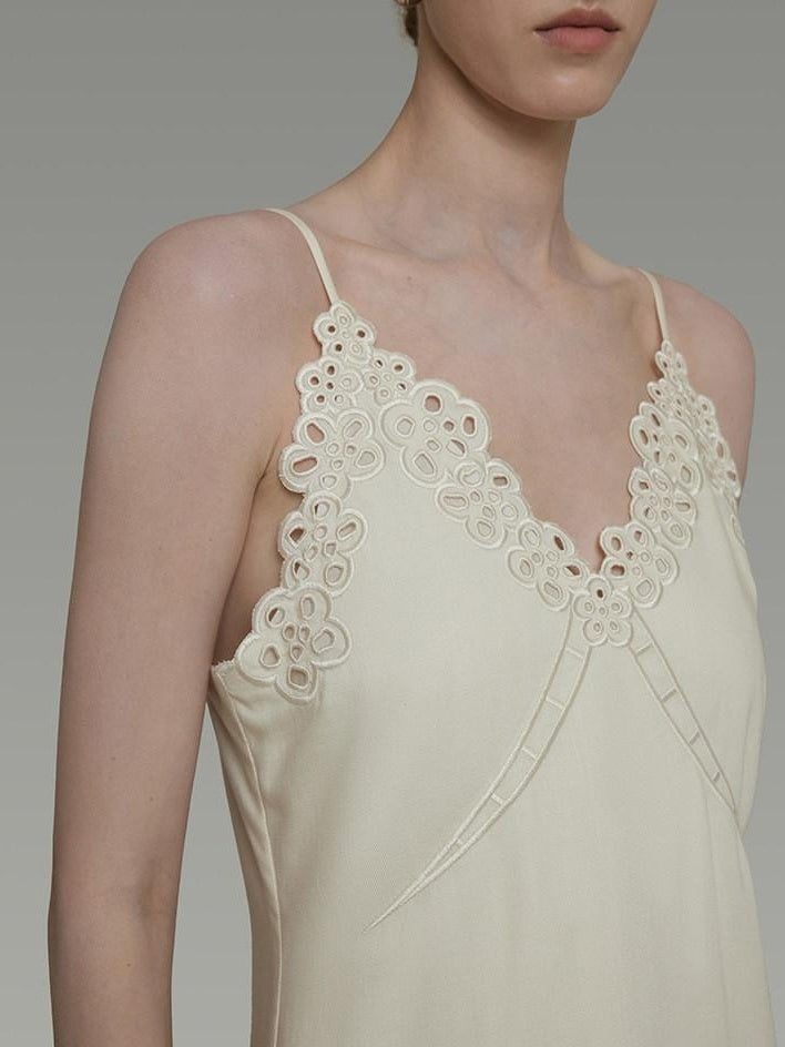 unspoken Embroidered Tencel A Line Cami V-neck Natural Waist Office White Maxi Dresses