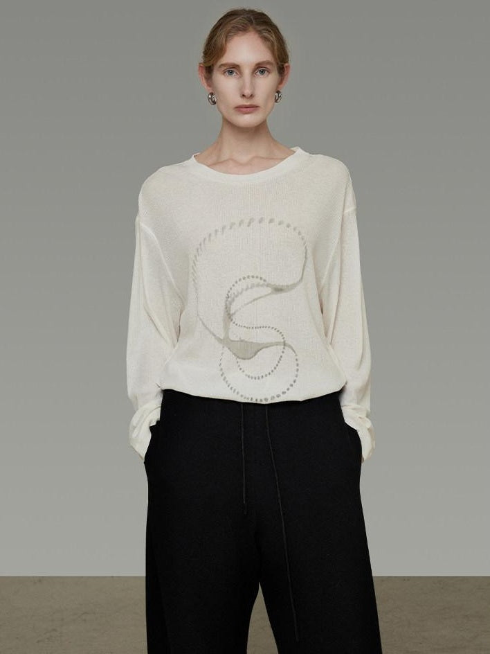 unspoken Lightweight Printed Minimalist Loose Round Neck Women Cream Pullover Sweaters