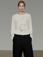 unspoken Lightweight Printed Minimalist Loose Round Neck Women Cream Pullover Sweaters