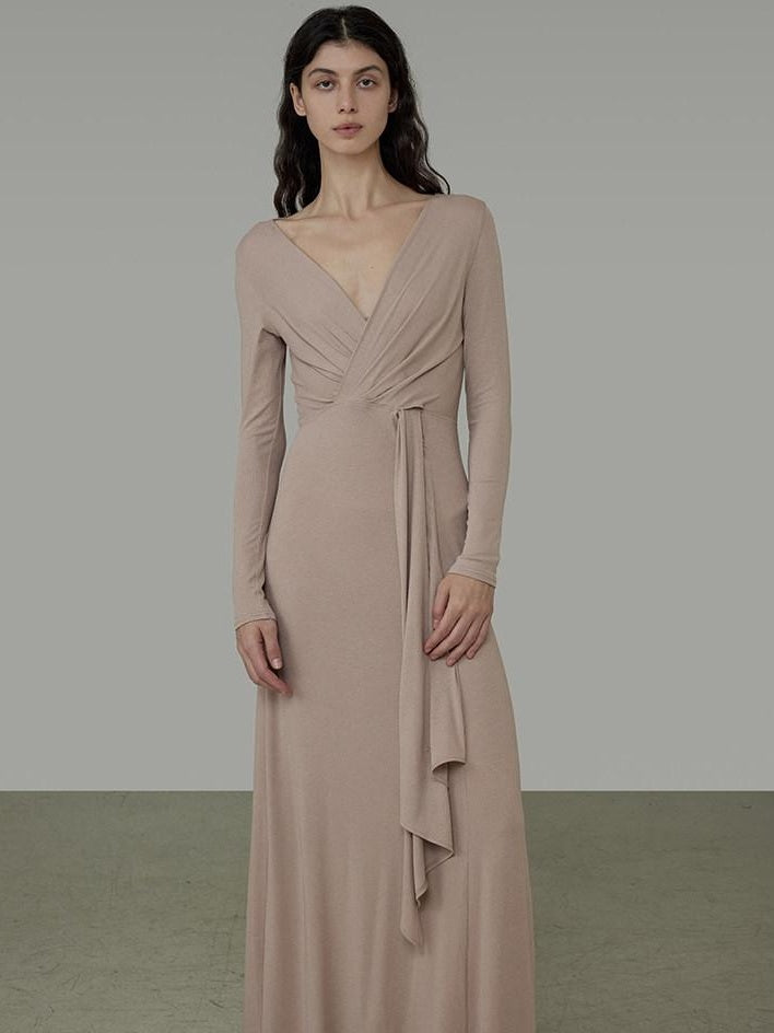 unspoken Lyocell V-neck High Waist Zip Longsleeve Pink Slim Knit Maxi Dresses