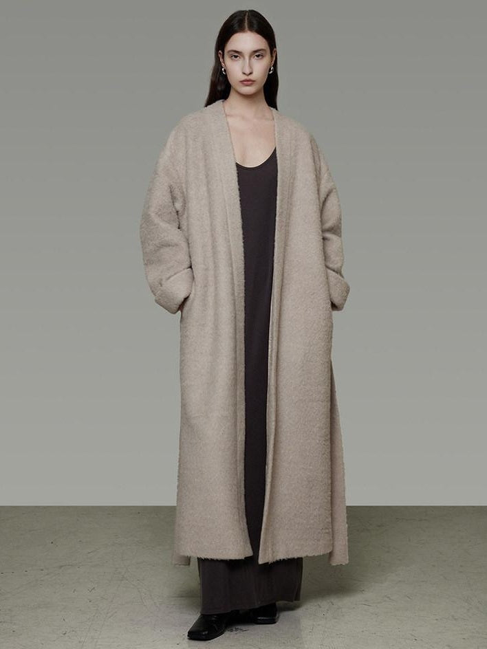 unspoken Cozy Sheepswool Belted Loose Fit Minimal Office V-neck Mid Length Wool Coats