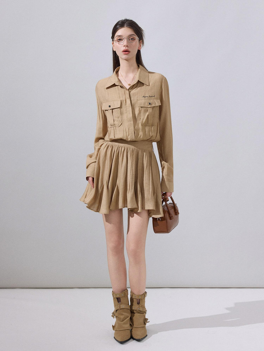 ikyou Cooling Soft Viscose Embroidered A Line Cinched Waist Office Khaki Midi Dresses