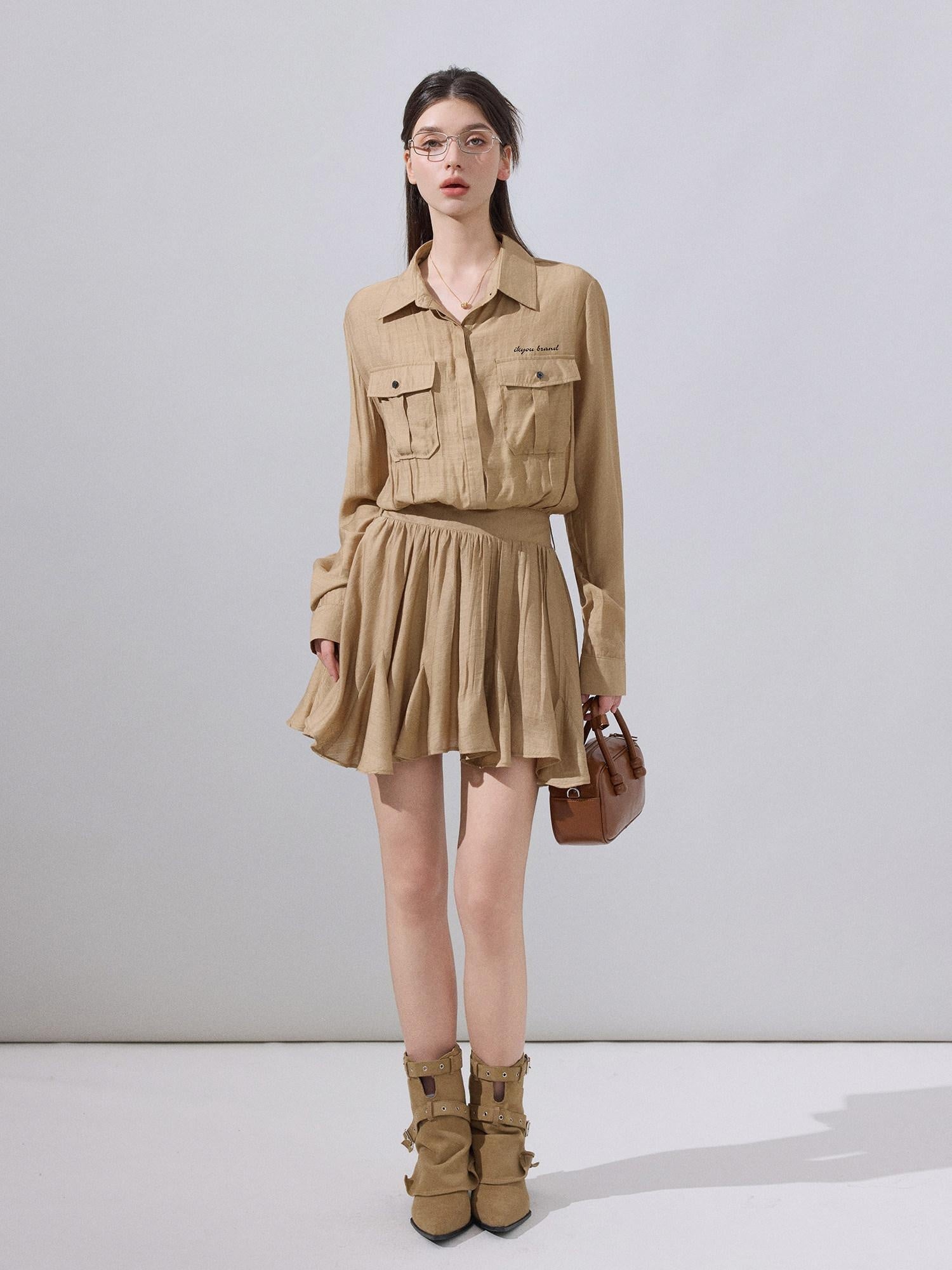 ikyou Cooling Soft Viscose Embroidered A Line Cinched Waist Office Khaki Midi Dresses