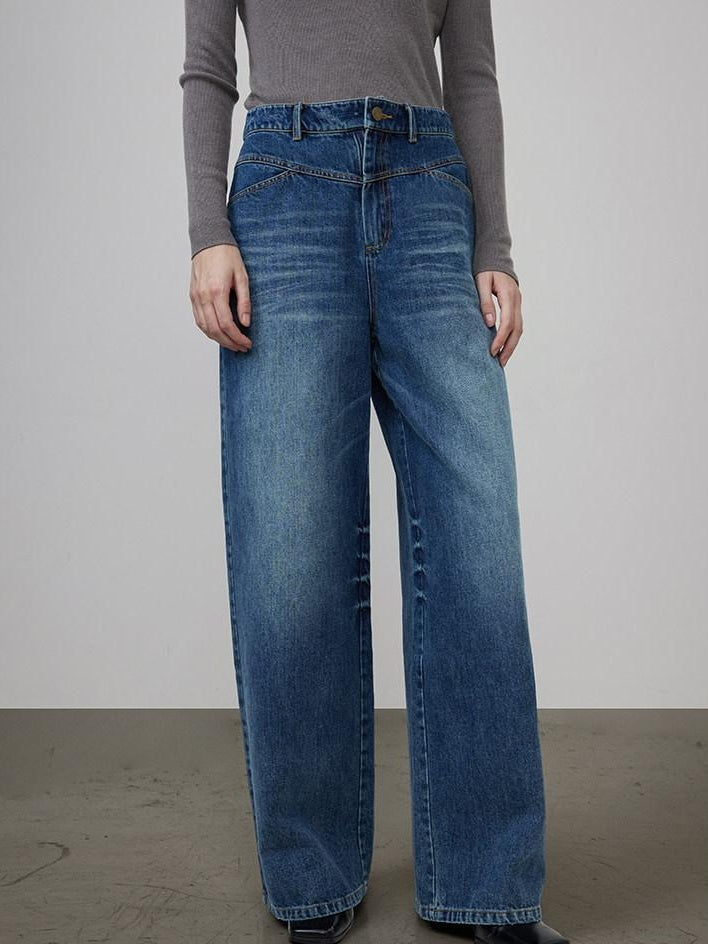 unspoken High Waist Washed Durable Denim Blue Loose Versatile Cotton Wide Leg Jeans