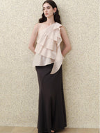 someonesometimes Ruffle One Shoulder Loose Tencel Modal Soft Mist Pink Women Top