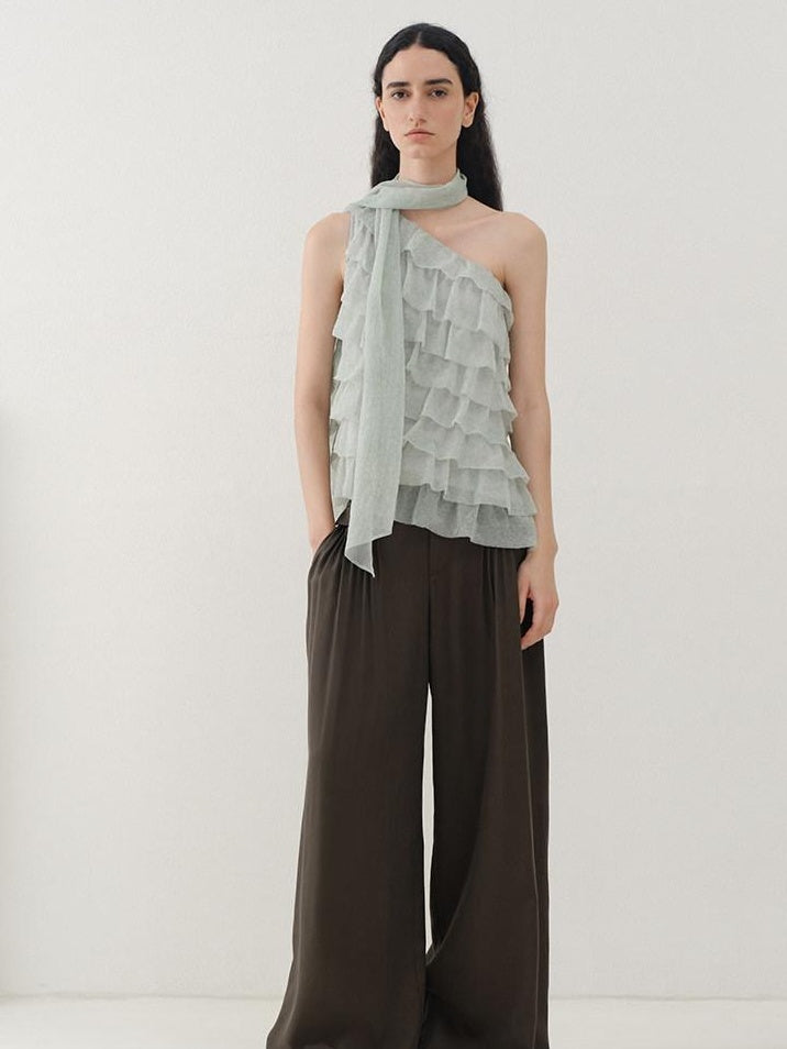 someonesometimes Sheer Mesh Wave Tie Lightweight Workwear Women Mint Green Off Shoulder Crop Tops