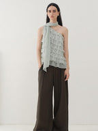 someonesometimes Sheer Mesh Wave Tie Lightweight Workwear Women Mint Green Off Shoulder Crop Tops