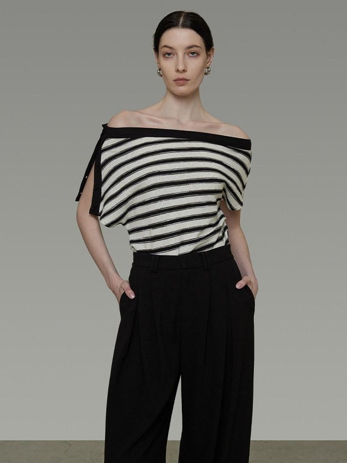 unspoken Soft Cotton Knit Striped Loose Minimalist Women Bardot Off Shoulder Crop Tops