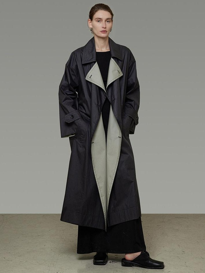 unspoken Minimal Commuter Long Double Breasted Loose Fit Women Black Olive Trench Coats
