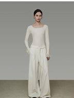 unspoken High Waist Drawstring Minimalist Breathable White Women Wide Leg Pants