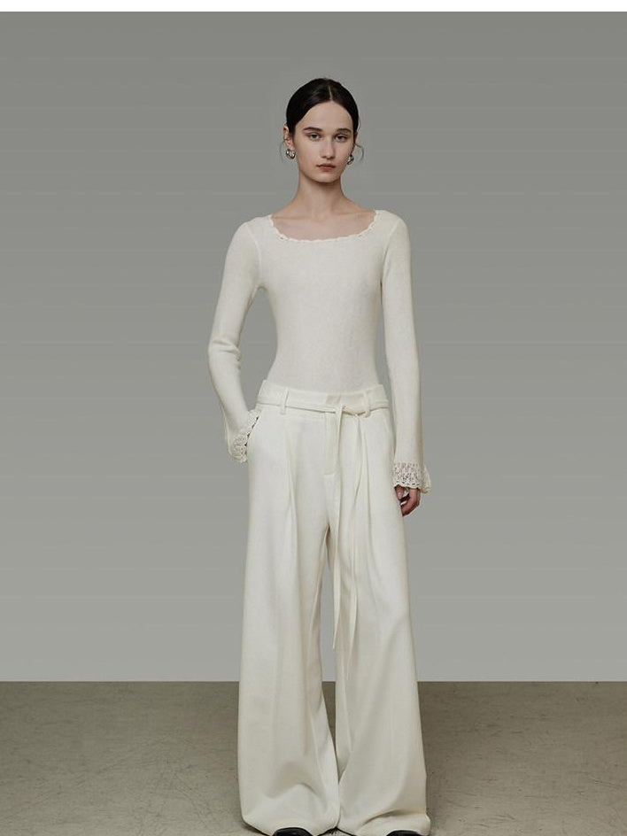 unspoken High Waist Drawstring Minimalist Breathable White Women Wide Leg Pants