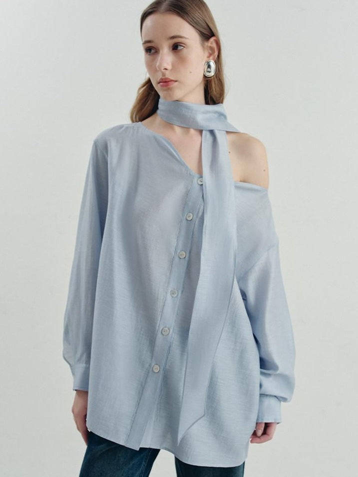 someonesometimes Breathable Lyocell Minimal Commuter Relaxed V-neck Button Tie Women Blouses
