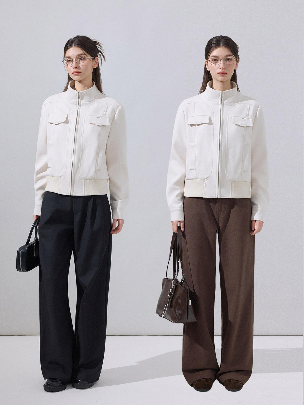 ikyou Stretch Pu Cropped Stand Collar Zipper Casual Women Cream Leather Jackets