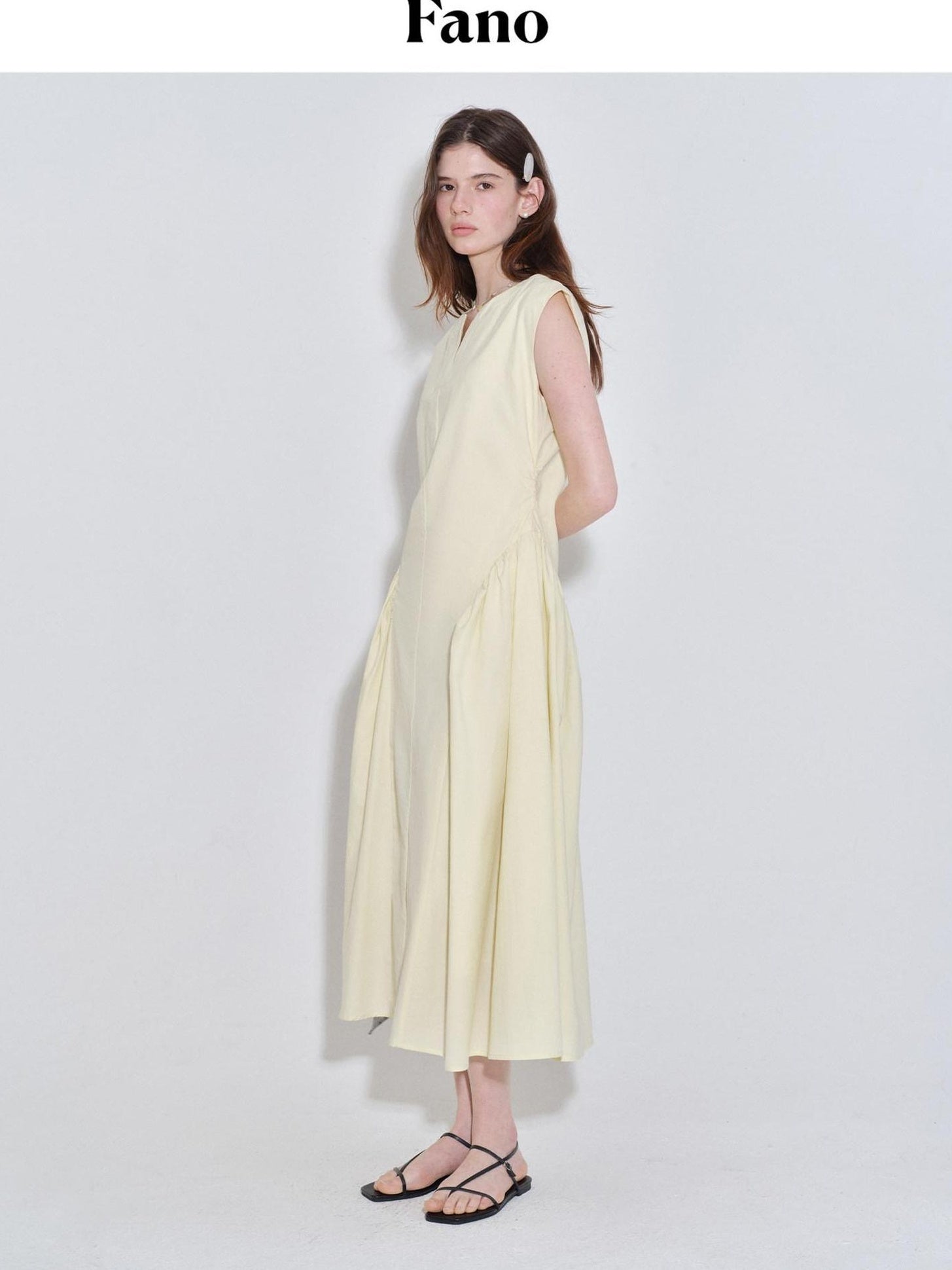 fano Pure Cotton Minimalist V-neck Sleeveless A Line Casual Women Yellow Maxi Dresses