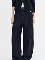 fano Vintage Washed Cotton Loose Natural Waist Casual Women Dark Wide Leg Pants