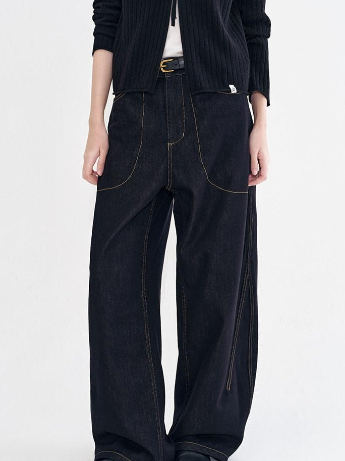 fano Vintage Washed Cotton Loose Natural Waist Casual Women Dark Wide Leg Pants