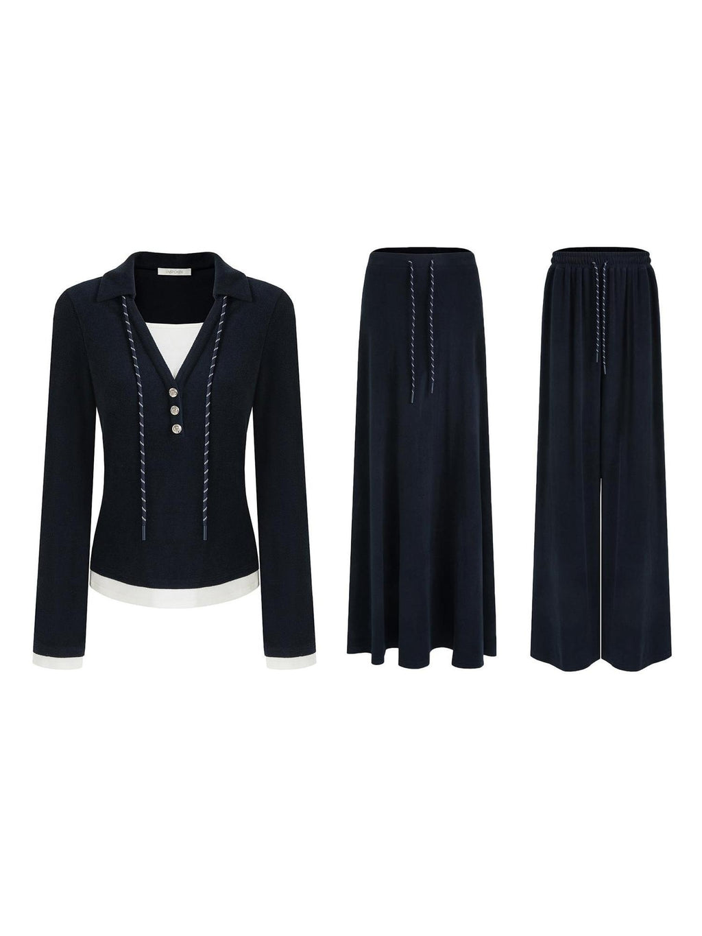 unspoken Breathable Slim Fit V-neck Knit Three Piece High Waist Navy Women Lounge Sets
