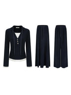 unspoken Breathable Slim Fit V-neck Knit Three Piece High Waist Navy Women Lounge Sets