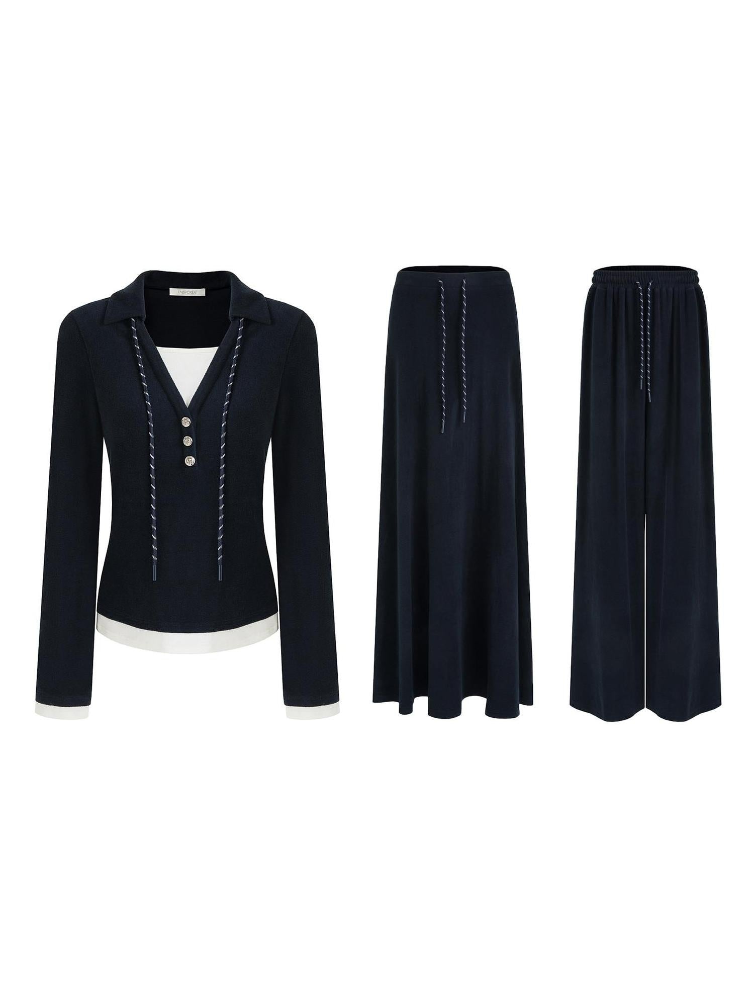 unspoken Breathable Slim Fit V-neck Knit Three Piece High Waist Navy Women Lounge Sets