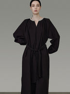 unspoken Cotton Loose Waist Minimalist V-neck Long Sleeve Casual Black Maxi Dresses