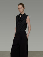 unspoken Breathable Viscose Tie Neck Sleeveless Loose Commuter Chic Women Black Blouses
