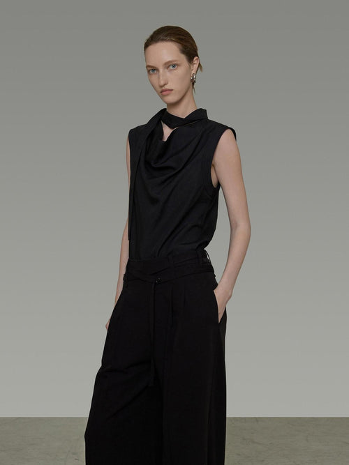 unspoken Breathable Viscose Tie Neck Sleeveless Loose Commuter Chic Women Black Blouses