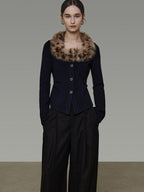 unspoken Warm Fur Collar Slim Cropped Workwear Women Cotton Leopard Navy Cardigans