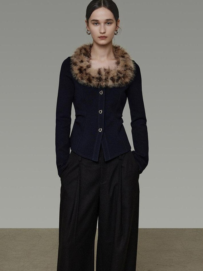 unspoken Warm Fur Collar Slim Cropped Workwear Women Cotton Leopard Navy Cardigans