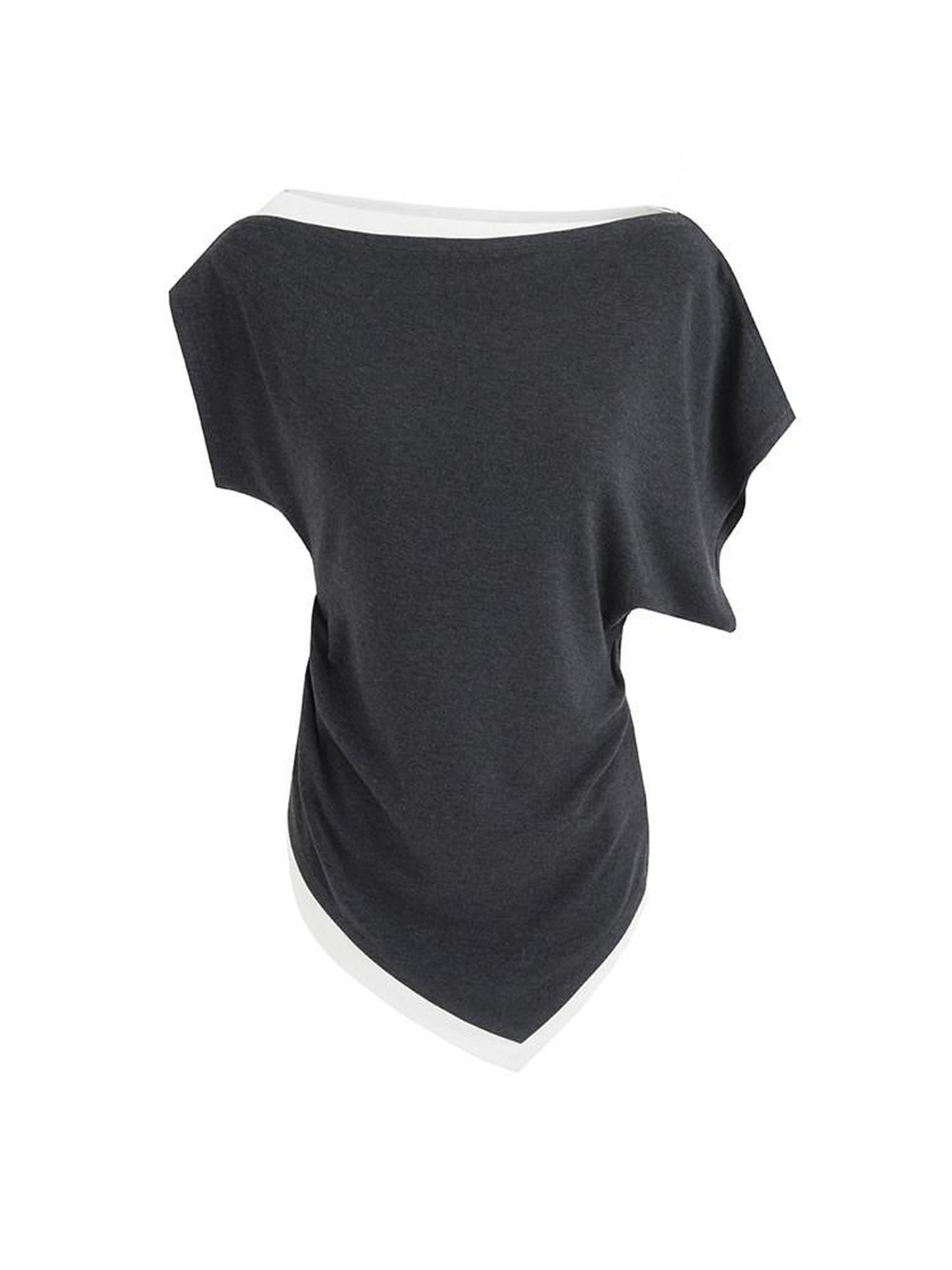 unspoken Slim Fit Colorblock Short Sleeve Pullover Slanted Collar Office Rayon Blouses