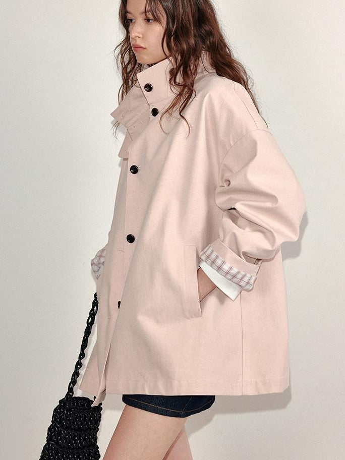 fano Pure Cotton Relaxed Commuter Stand Collar Midlength Peach Pink Trench Coats