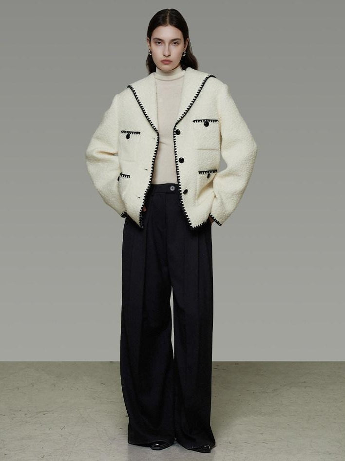 unspoken Lambswool Blend Tailored Loose Minimal Notch Collar Officewear Women Wool Coats