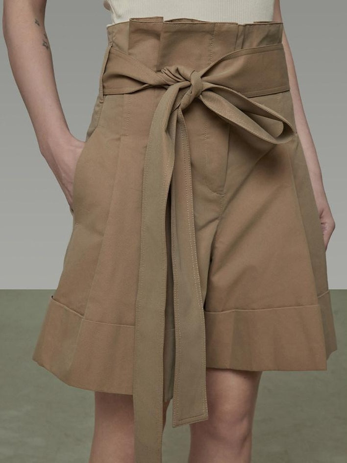 unspoken High Waist Drawstring Minimalist Workwear Cotton Blend Khaki Mid-Length Shorts