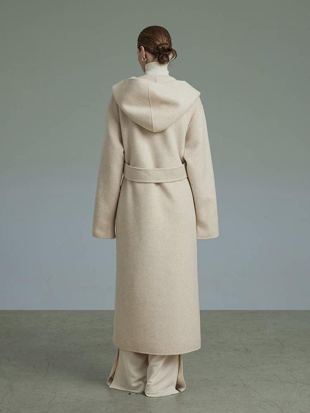 unspoken Warm Wool Alpaca Blend Hooded Straight Long Minimal Commuter Oatmeal Wool Coats