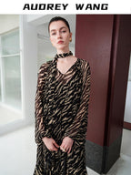 audreyyang Soft Viscose Ruffle Casual A Line Zebra V-neck Long Sleeve Maxi Dresses