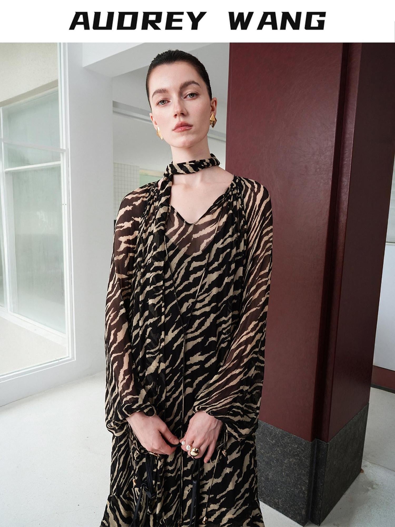 audreyyang Soft Viscose Ruffle Casual A Line Zebra V-neck Long Sleeve Maxi Dresses