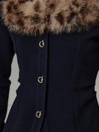 unspoken Warm Fur Collar Slim Cropped Workwear Women Cotton Leopard Navy Cardigans