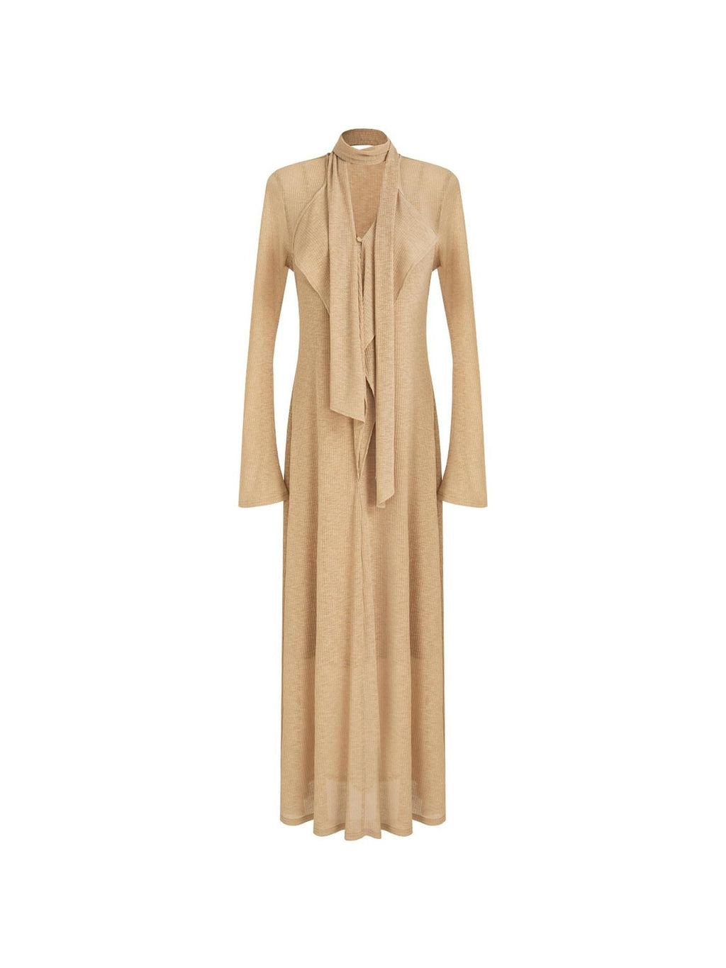 unspoken Breathable High Waist Sash V-neck Aline Longsleeve Office Polyester Maxi Dresses