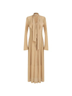 unspoken Breathable High Waist Sash V-neck Aline Longsleeve Office Polyester Maxi Dresses