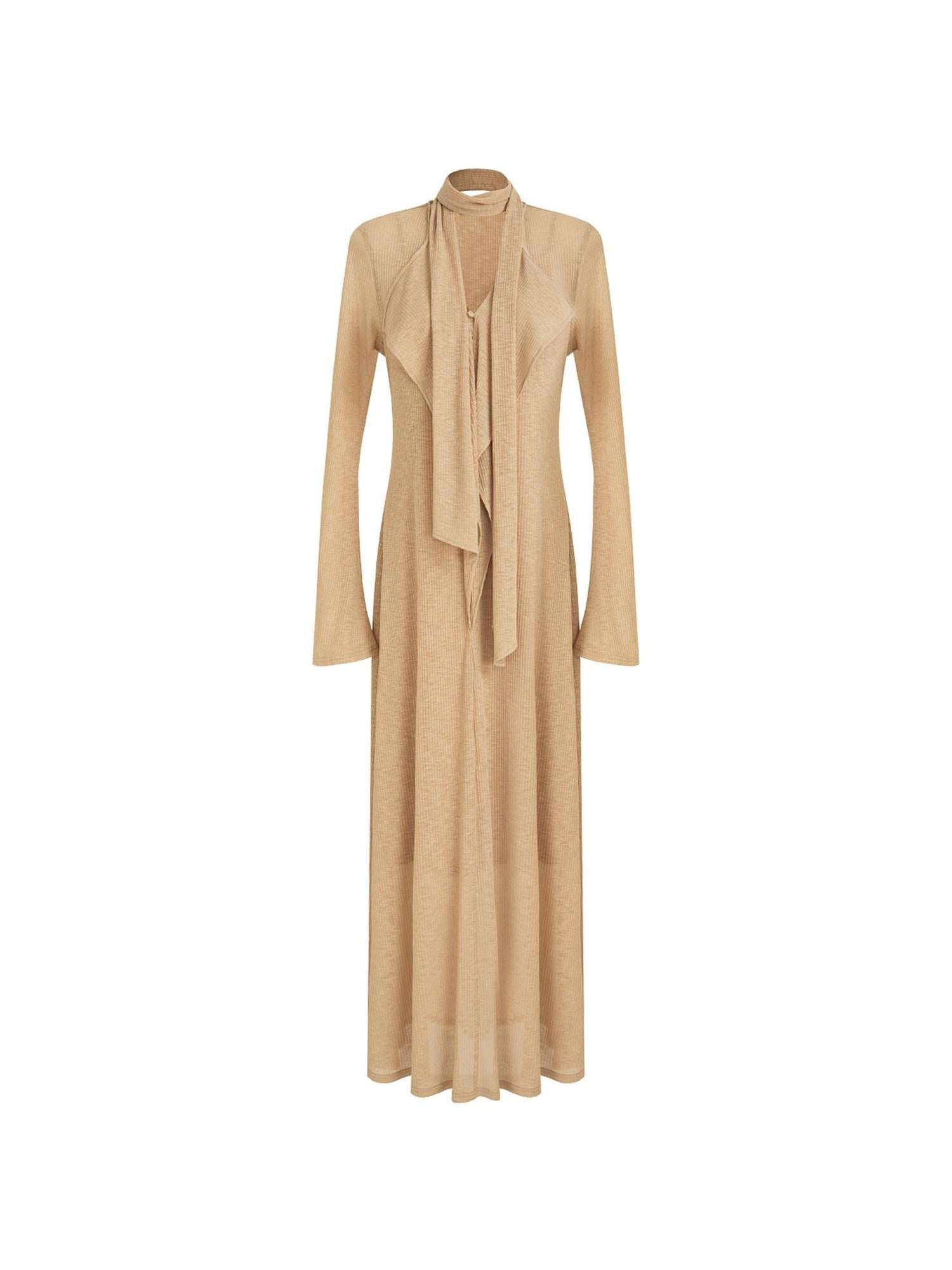 unspoken Breathable High Waist Sash V-neck Aline Longsleeve Office Polyester Maxi Dresses