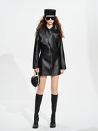 audreyyang Sheepskin Leather Cinched Waist French Tie Neck A Line Work Date Midi Dresses