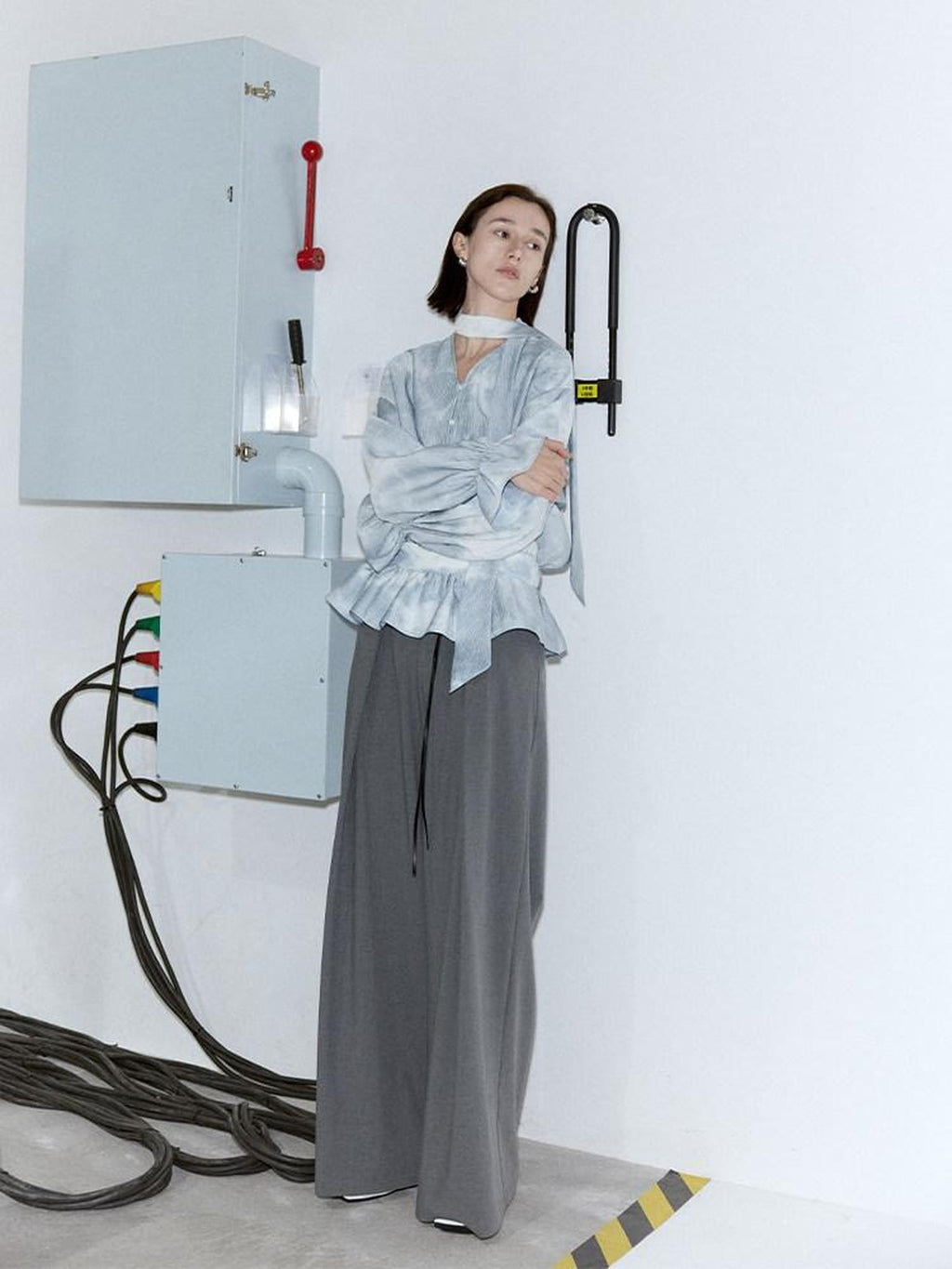someone sometimes Glacier Blue Polyester V-neck Long Bell Sleeve Loose Fit Office Work Blouses