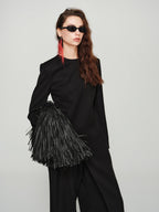 audreyyang Elegant Slim Waist Poly Blend Round Neck Midlength Pullover Black Long Coats