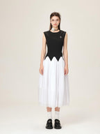 ikyou Office Minimal 3D Detail A Line Sleeveless Round Neck Black White Maxi Dresses
