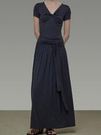 unspoken Lyocell Blend V-neck Slim Fit Minimal Workwear Women Solid Color Maxi Dresses